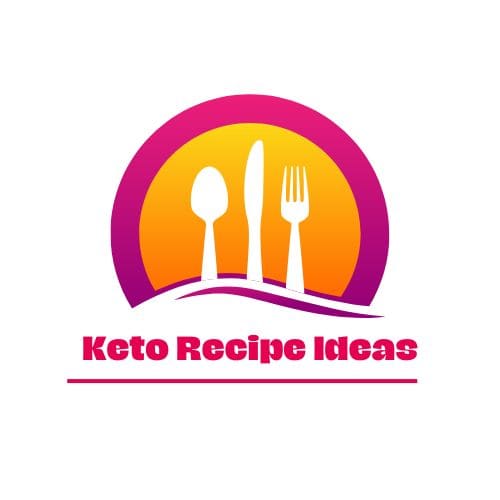 Keto Recipe Ideas logo with a pink outer edge and orange background with a white knife, fork and spoon.
