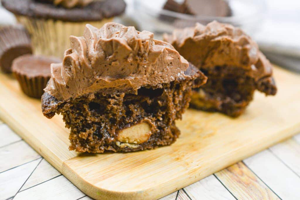 Low carb peanut butter cupcake cut in half.